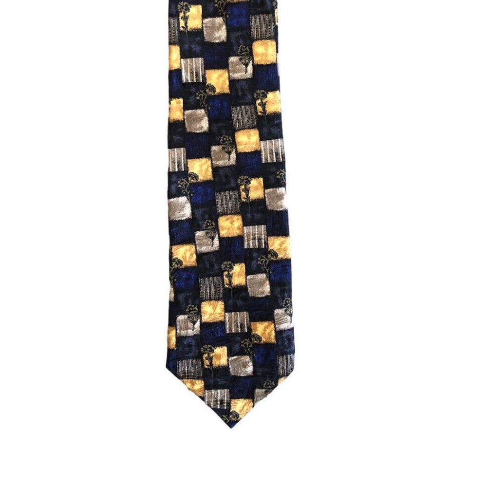 Manzoni Men Italy Silk Neck Tie Blue Black Brown Gold Geometric Design Office